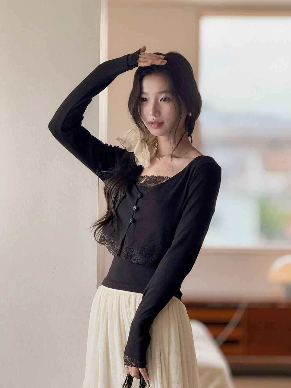 V-Neck Lace-Trim Blouse + Spaghetti Strap Tank Set