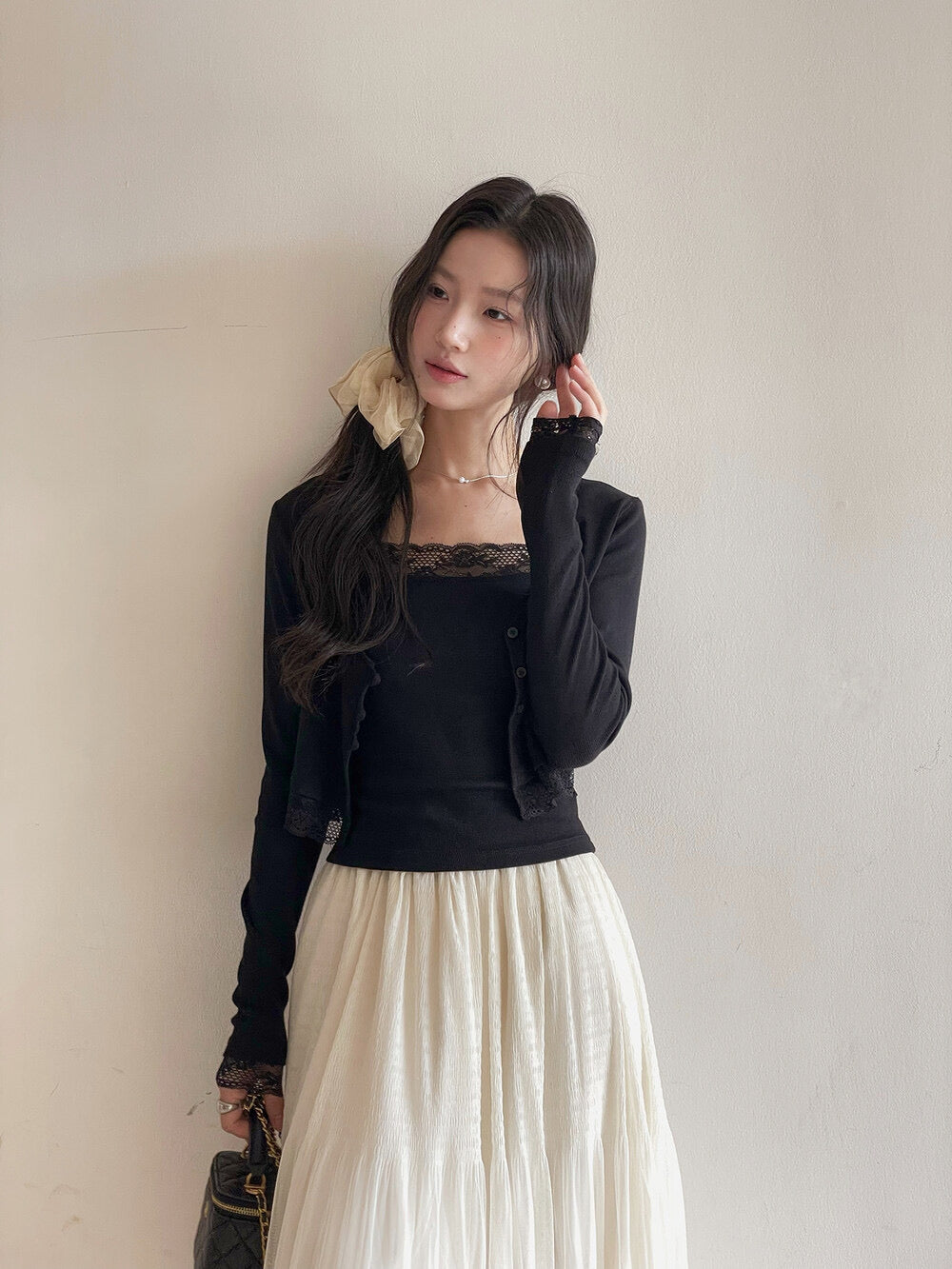 V-Neck Lace-Trim Blouse + Spaghetti Strap Tank Set