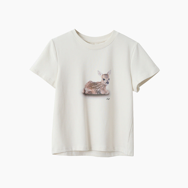 Deer Print Regular-Shoulder Slimming Short-Sleeve Tee