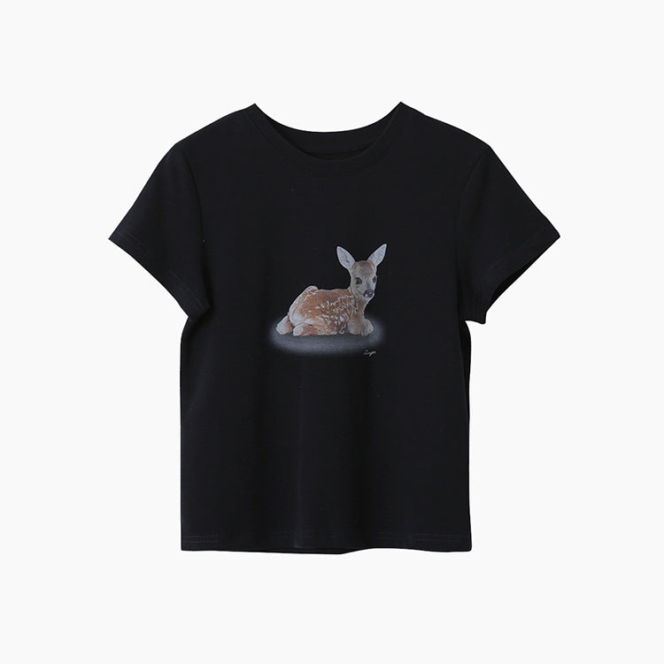 Deer Print Regular-Shoulder Slimming Short-Sleeve Tee