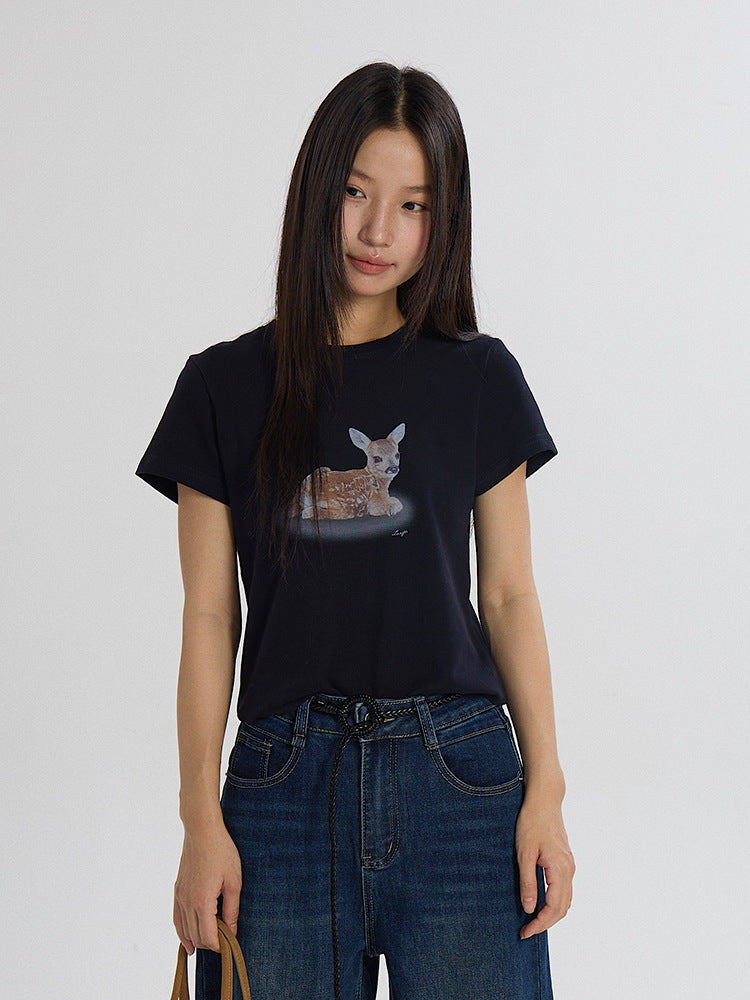 Deer Print Regular-Shoulder Slimming Short-Sleeve Tee