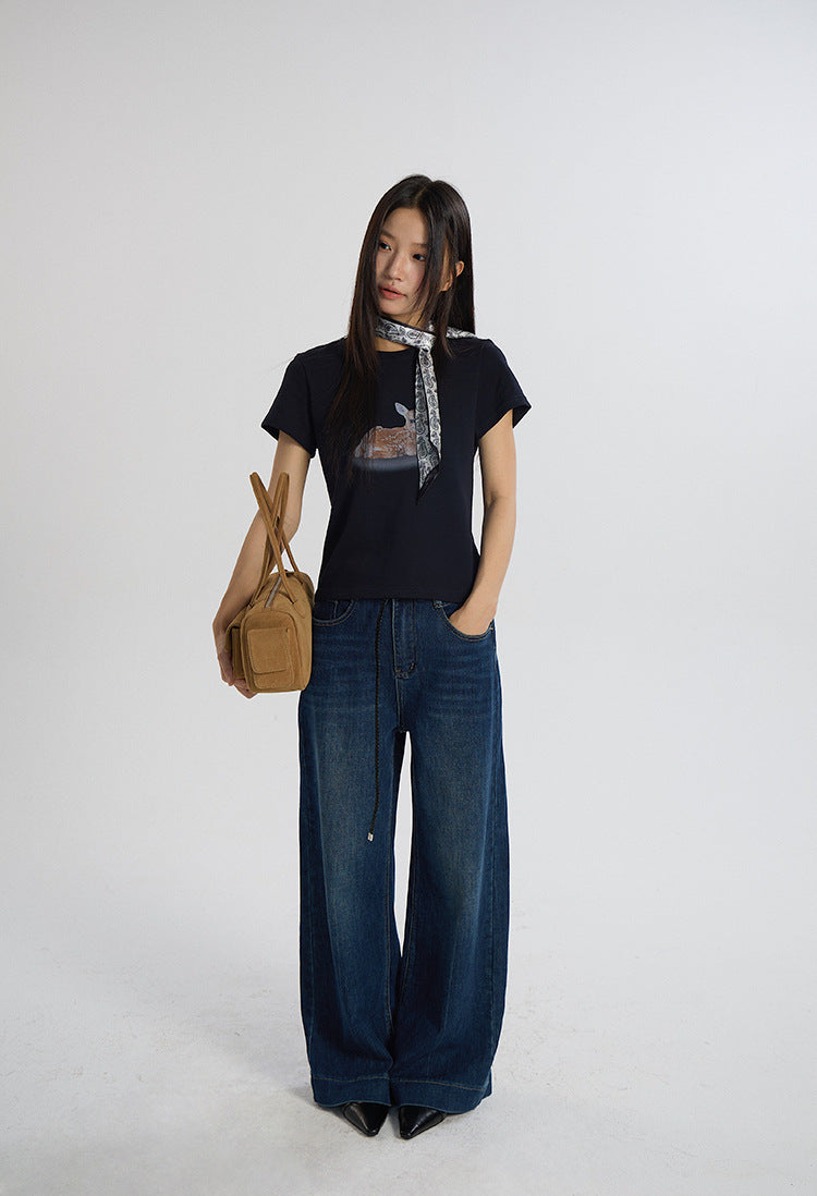 Deer Print Regular-Shoulder Slimming Short-Sleeve Tee