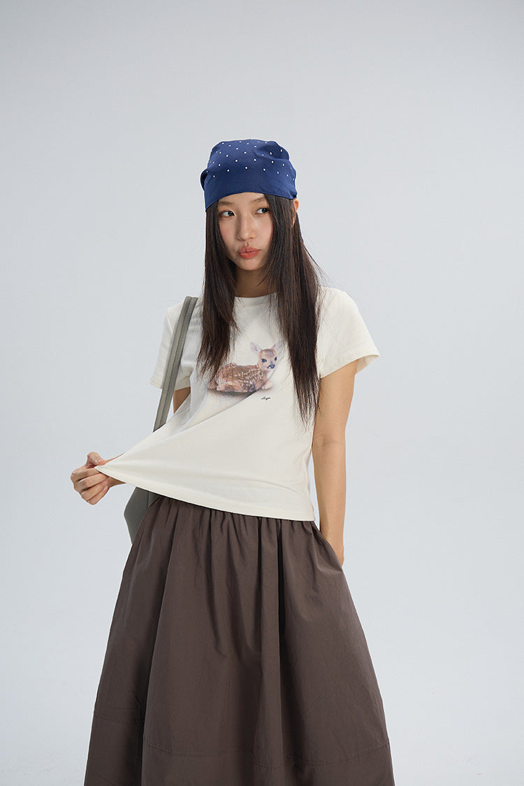 Deer Print Regular-Shoulder Slimming Short-Sleeve Tee