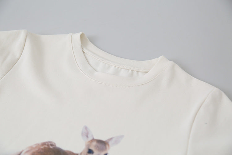 Deer Print Regular-Shoulder Slimming Short-Sleeve Tee
