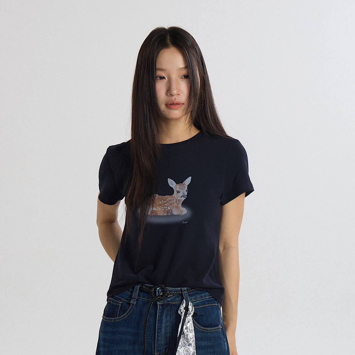 Deer Print Regular-Shoulder Slimming Short-Sleeve Tee