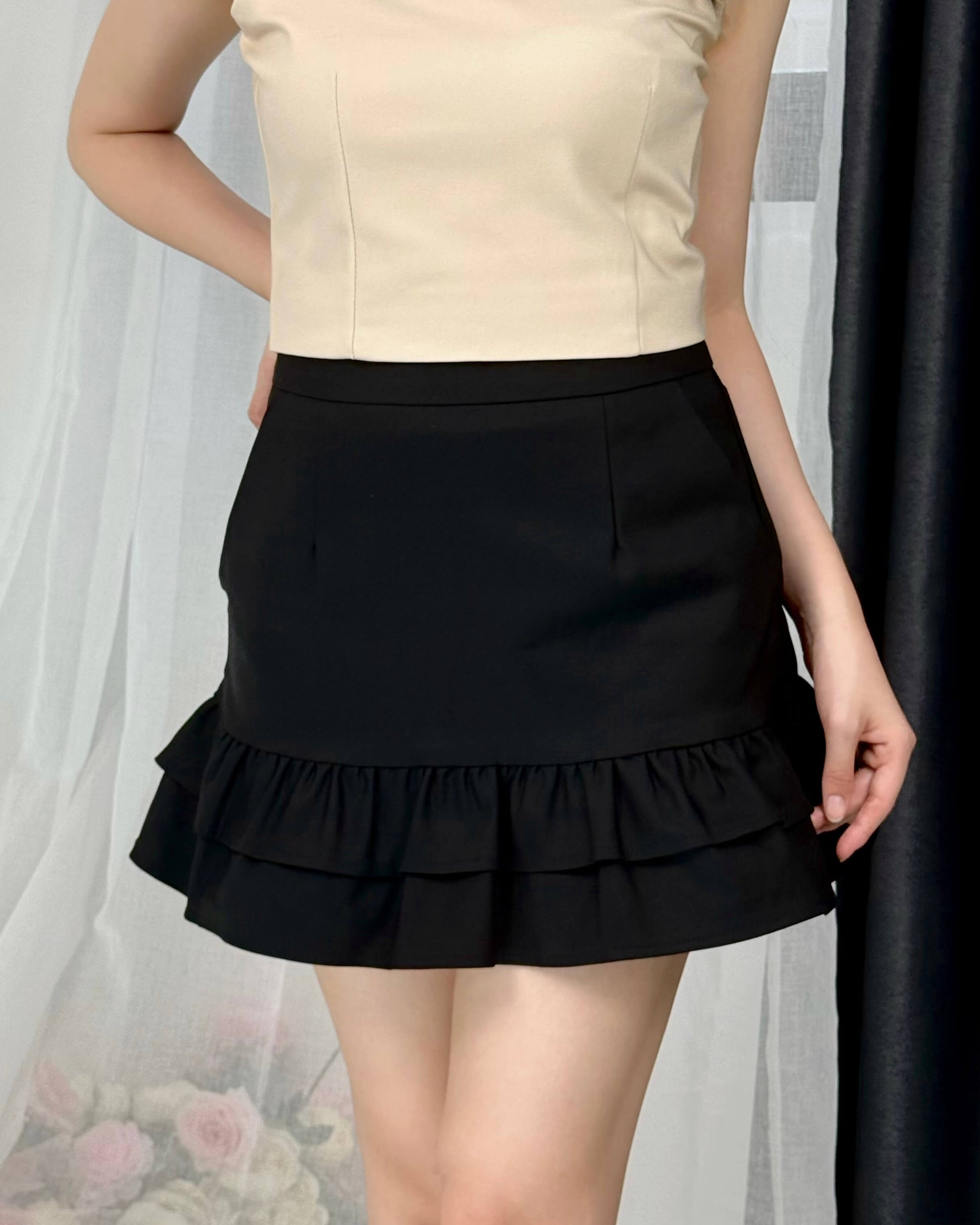 Double Ruffle Hem High-Waist Mini Skirt