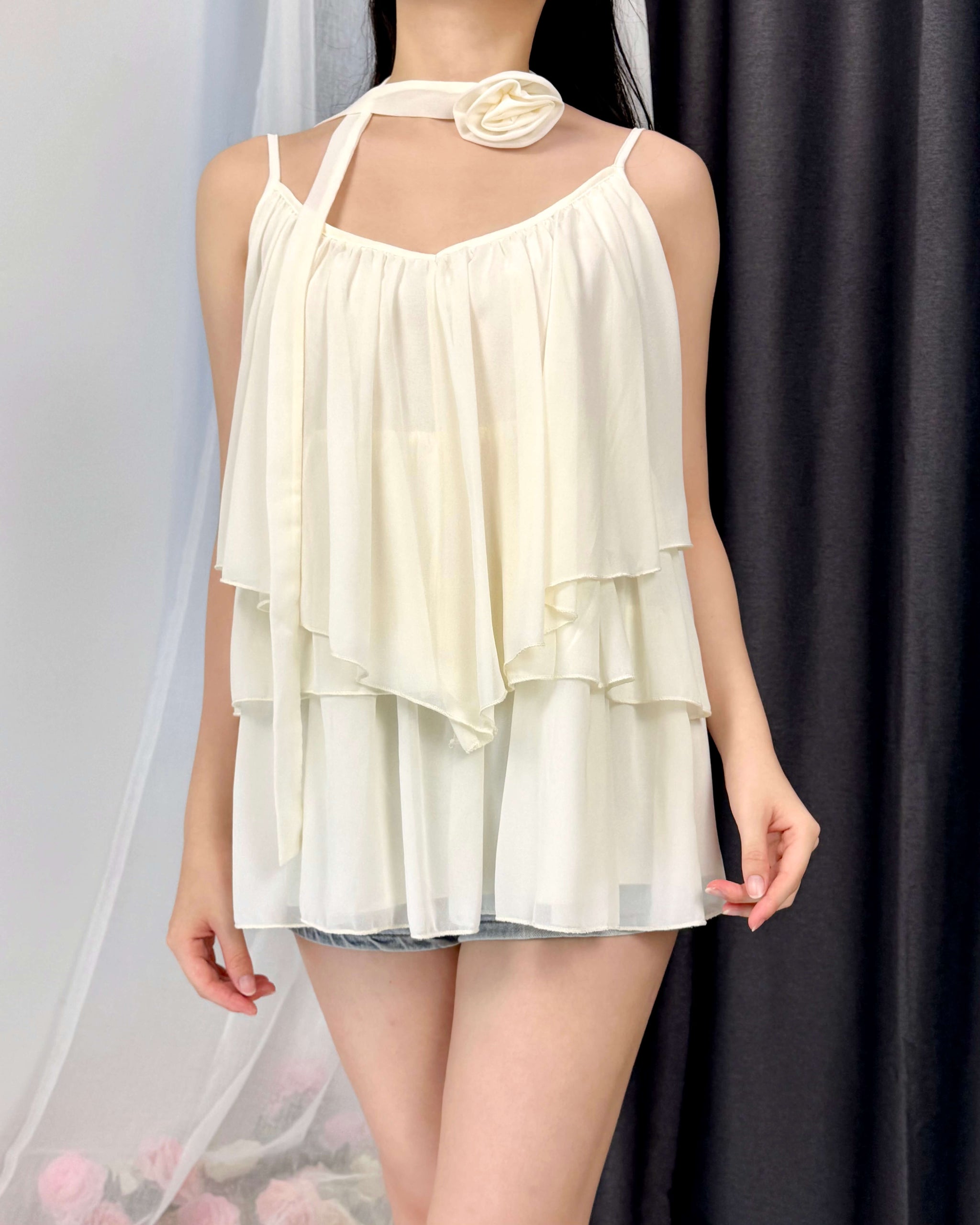 WGWE Soft Asymmetrical Floral Strap Top with Flowing Tie