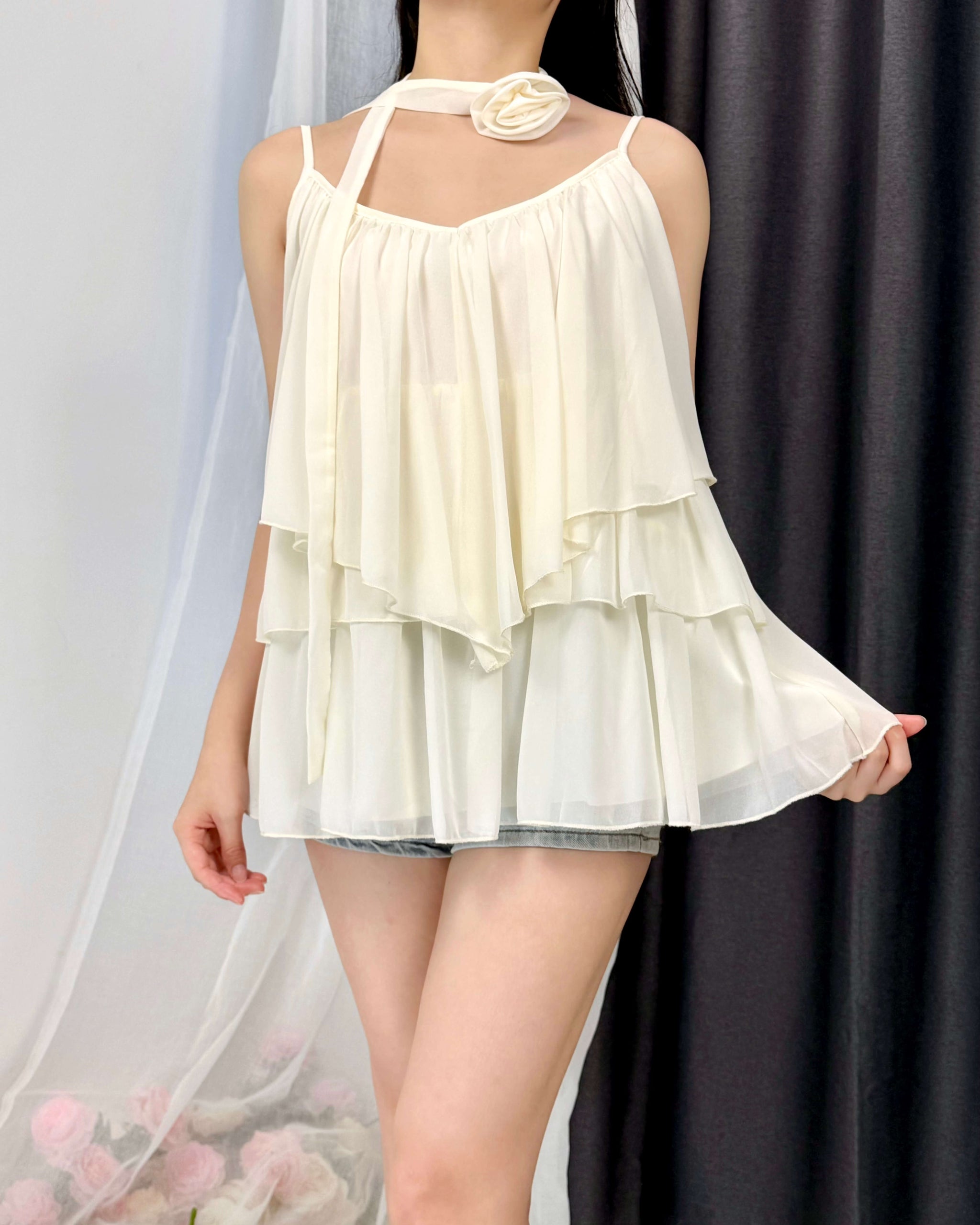 WGWE Soft Asymmetrical Floral Strap Top with Flowing Tie