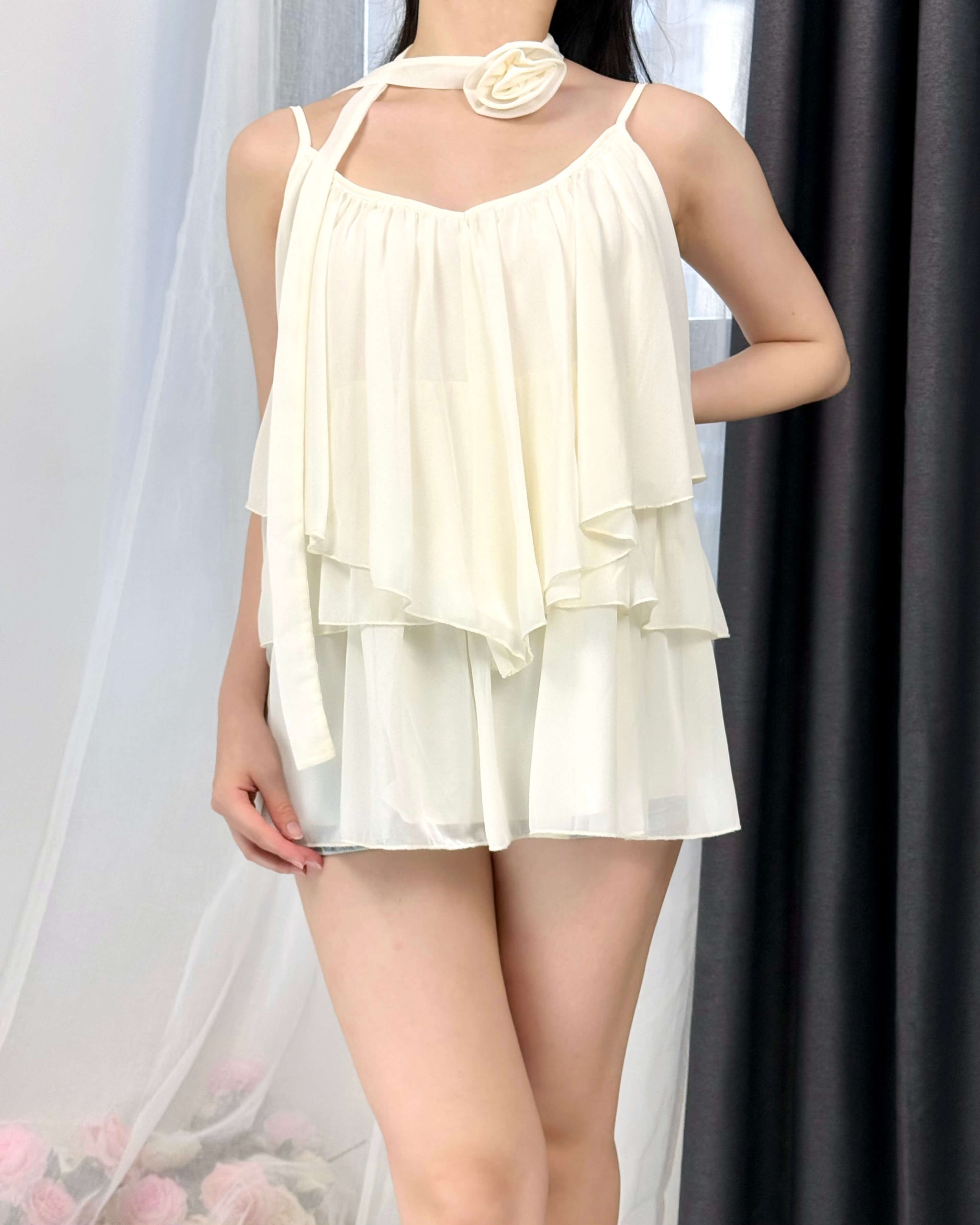 WGWE Soft Asymmetrical Floral Strap Top with Flowing Tie