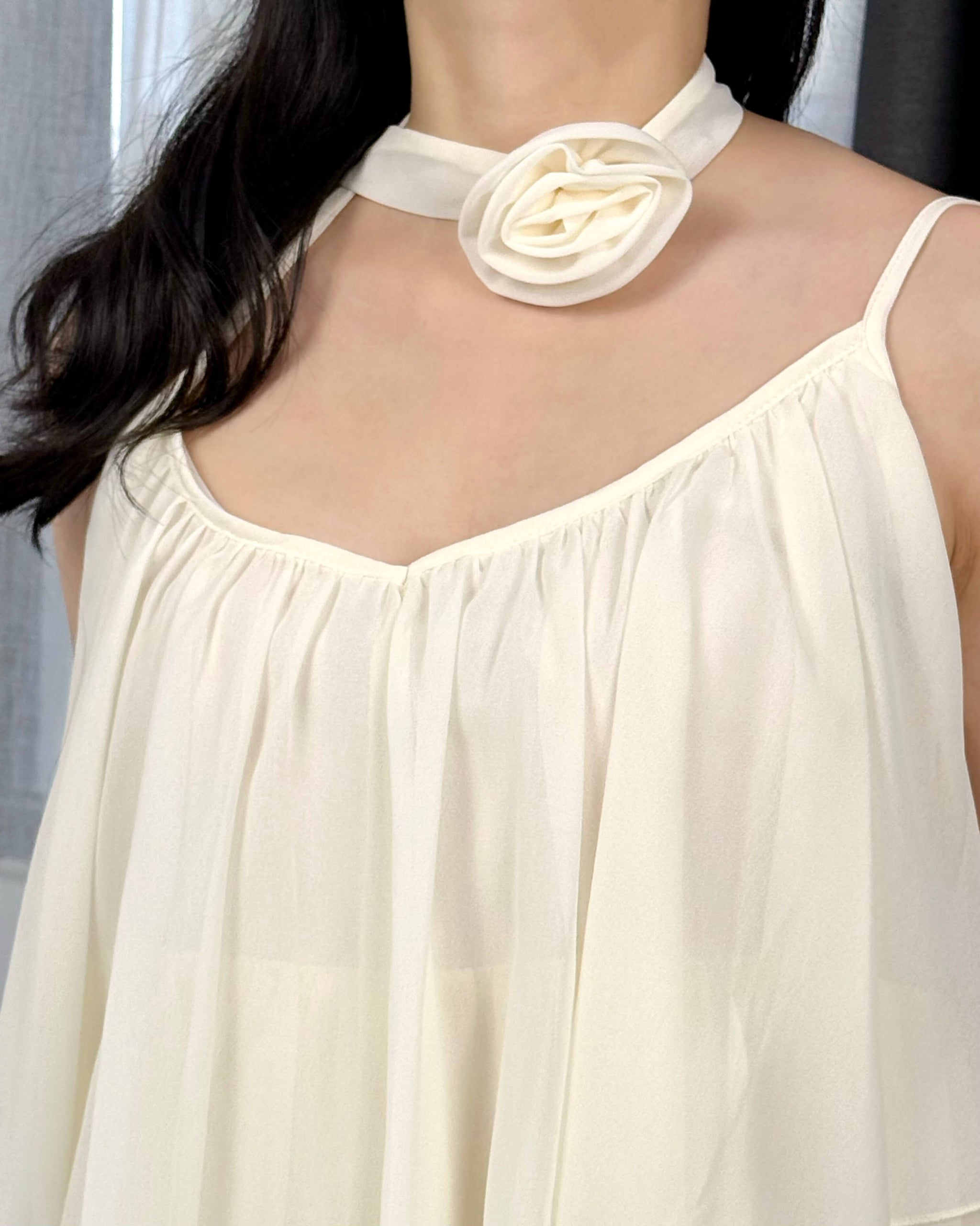 WGWE Soft Asymmetrical Floral Strap Top with Flowing Tie