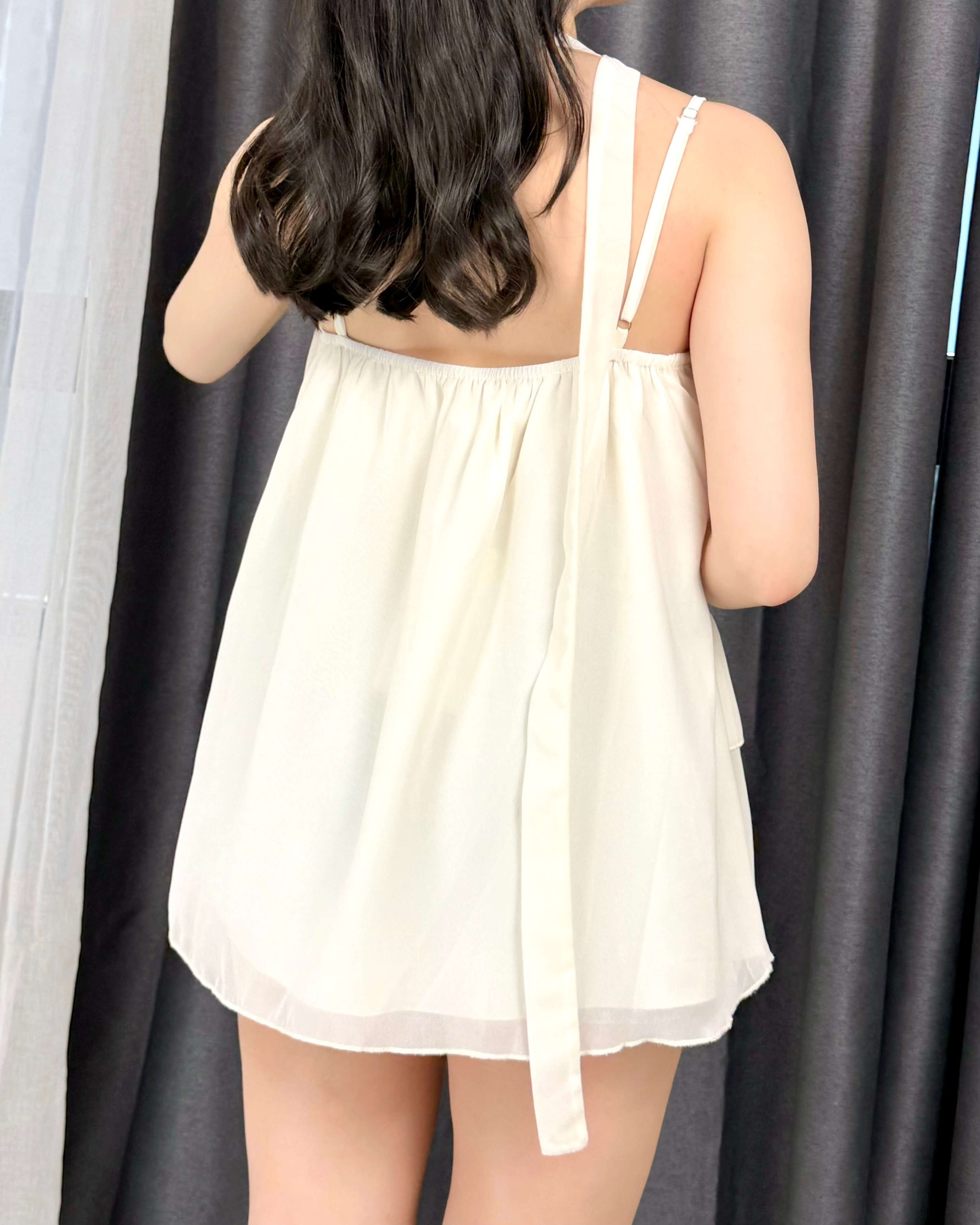 WGWE Soft Asymmetrical Floral Strap Top with Flowing Tie