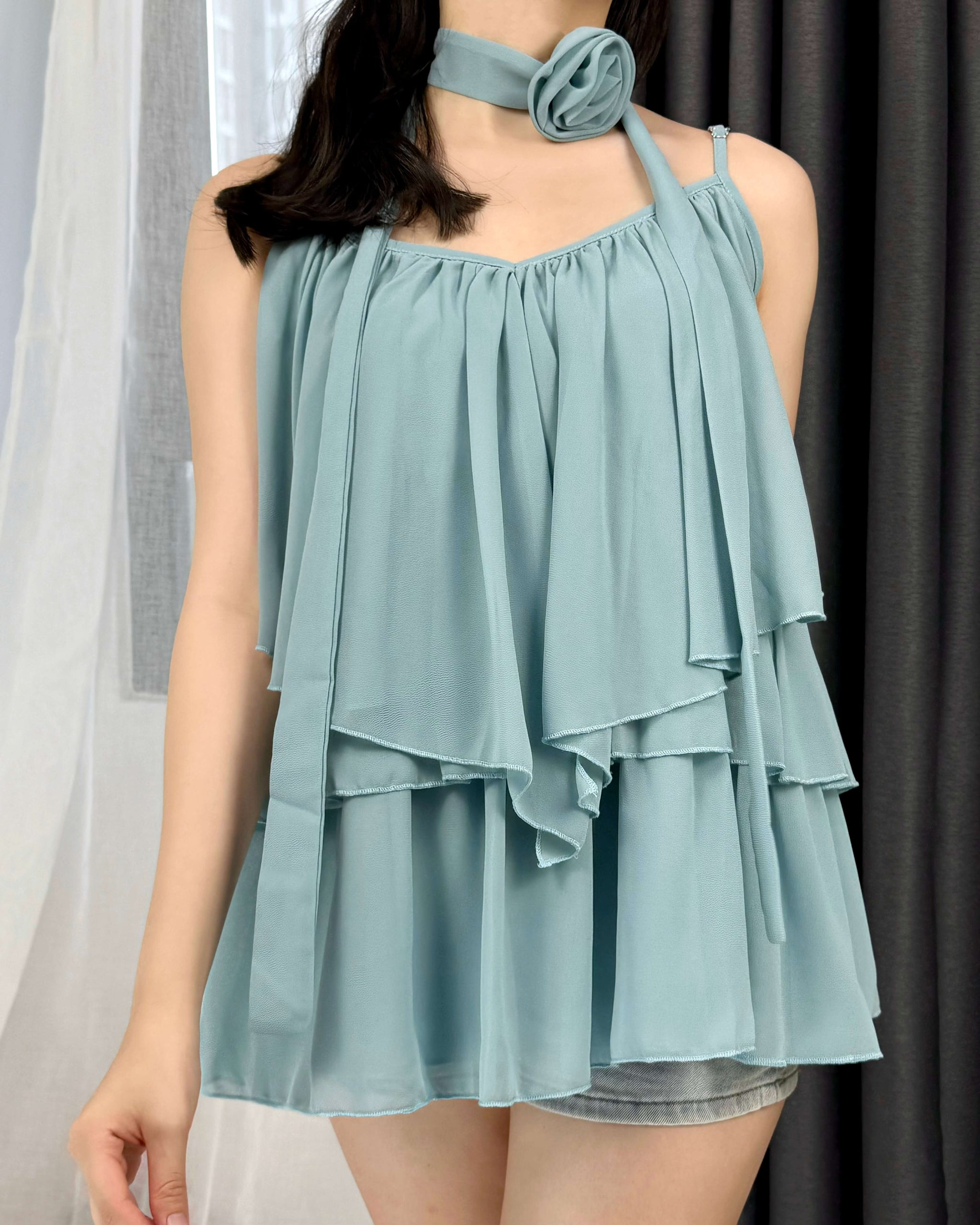 WGWE Soft Asymmetrical Floral Strap Top with Flowing Tie