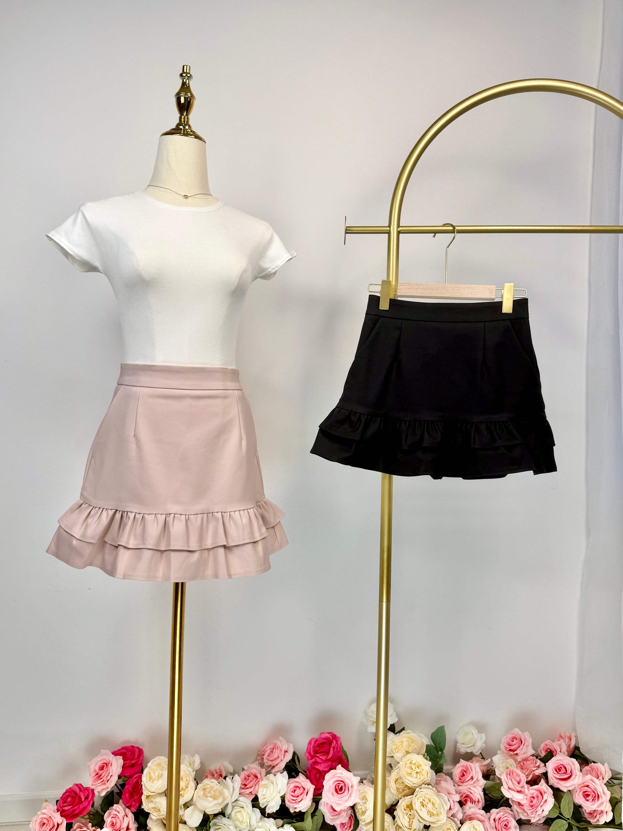 Double Ruffle Hem High-Waist Mini Skirt