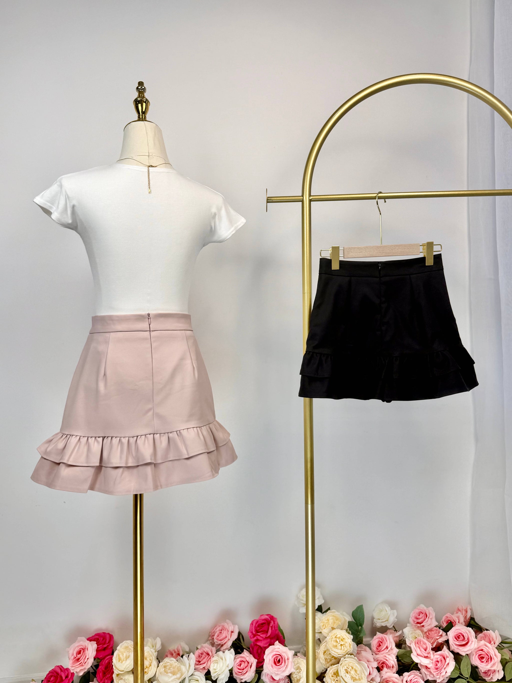 Double Ruffle Hem High-Waist Mini Skirt