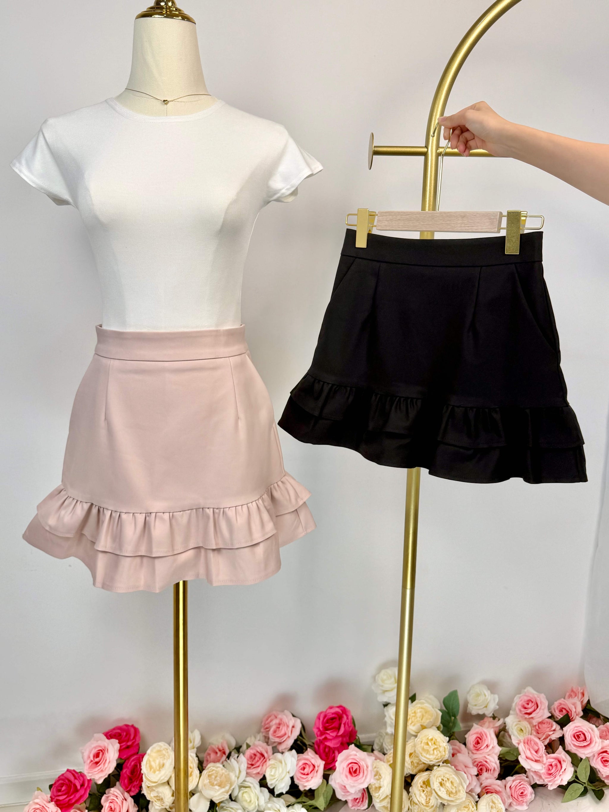 Double Ruffle Hem High-Waist Mini Skirt