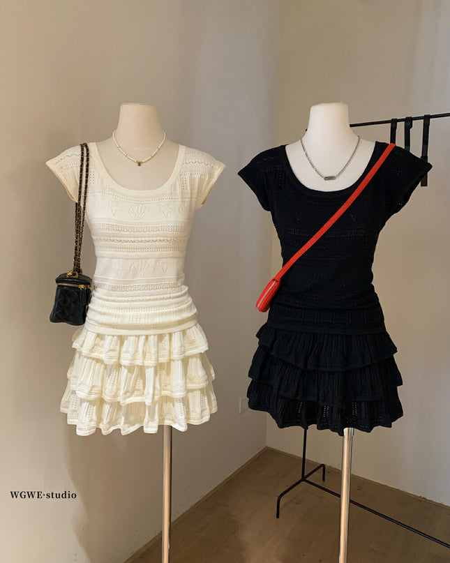 WGWE Delicate Crochet Knit Top & Midi Skirt Set