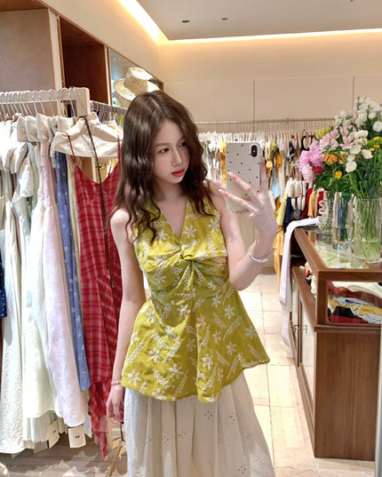 AS OFFICIAL Knot-Back Heavy Embroidered Floral Vest Top