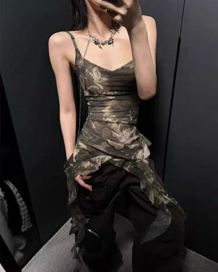 WGWE Asymmetric Camouflage Tie-Strap Crop Top