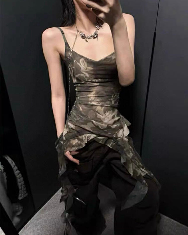 WGWE Asymmetric Camouflage Tie-Strap Crop Top