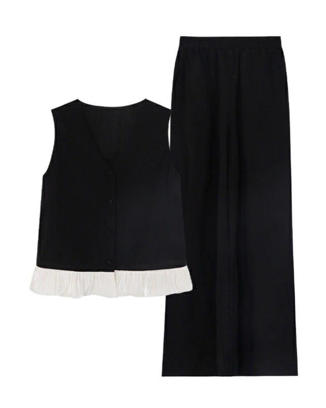 AIXILI Lace Trim Button-Front Vest & Wide-Leg Pants Set