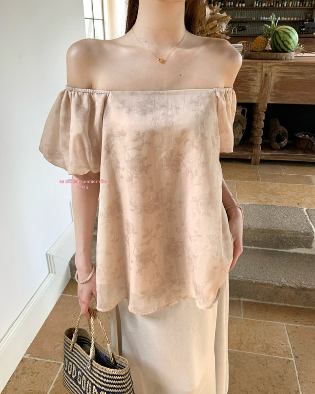 AS OFFICIAL Jacquard Puff Sleeve Two-Way Off Shoulder Top