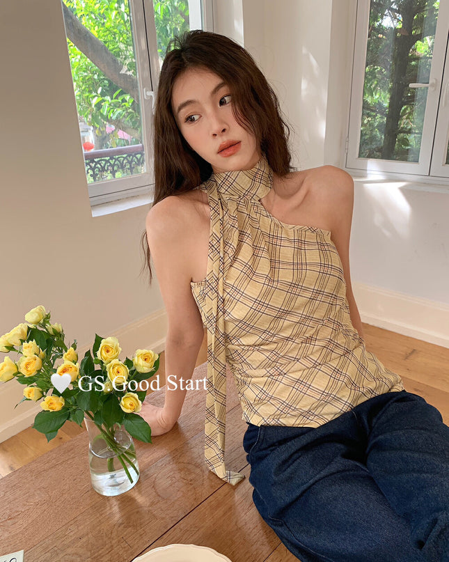 GS.GOOD START Off Shoulder Plaid Tank Top with Sweet Chic Vibes