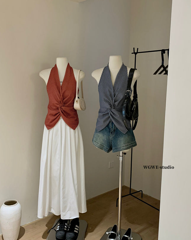 WG.WE Plaid Halter Twist Crop Top