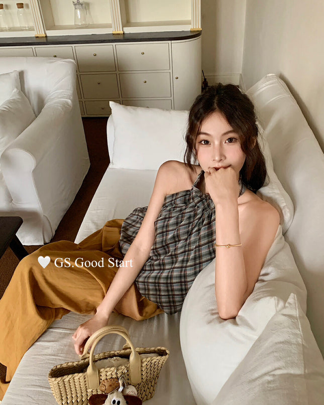 GS.GOOD START Korean Sweet Plaid Bubble Hem Tank Top