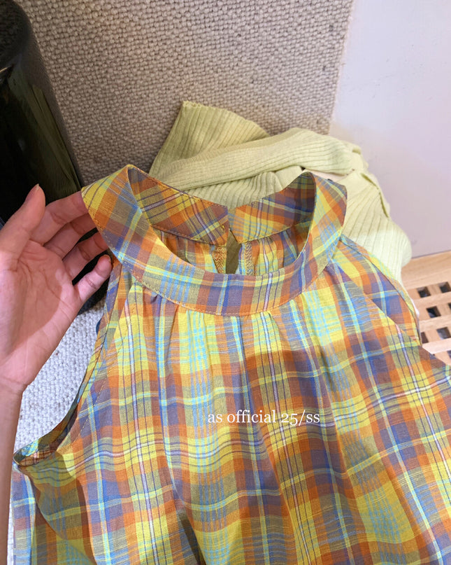 AS OFFICIAL Plaid Ruffle Hem Tie-Front Vest Top