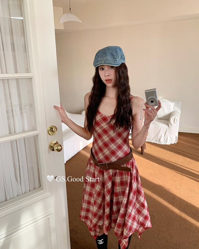 GS.GOOD START Asymmetric Plaid Cami Dress (No Belt)