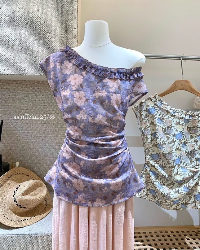 AS OFFICIAL Floral One-Shoulder Ruffle Top