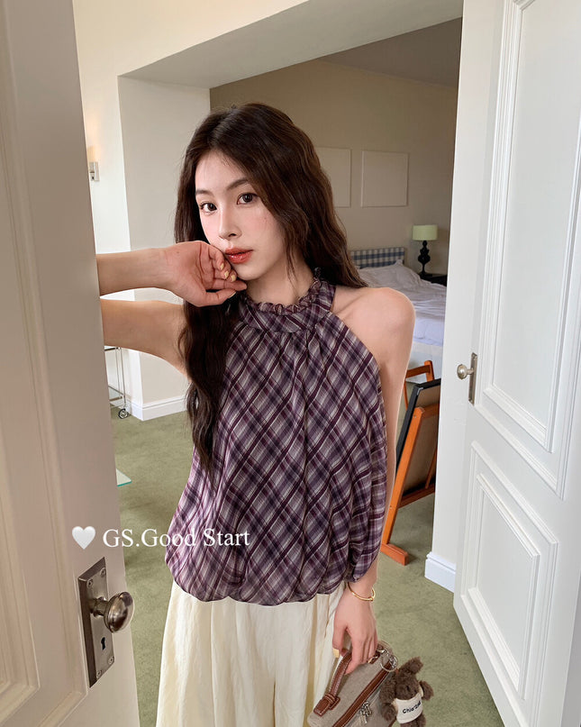 GS.GOOD START Korean Sweet Plaid Bubble Hem Tank Top
