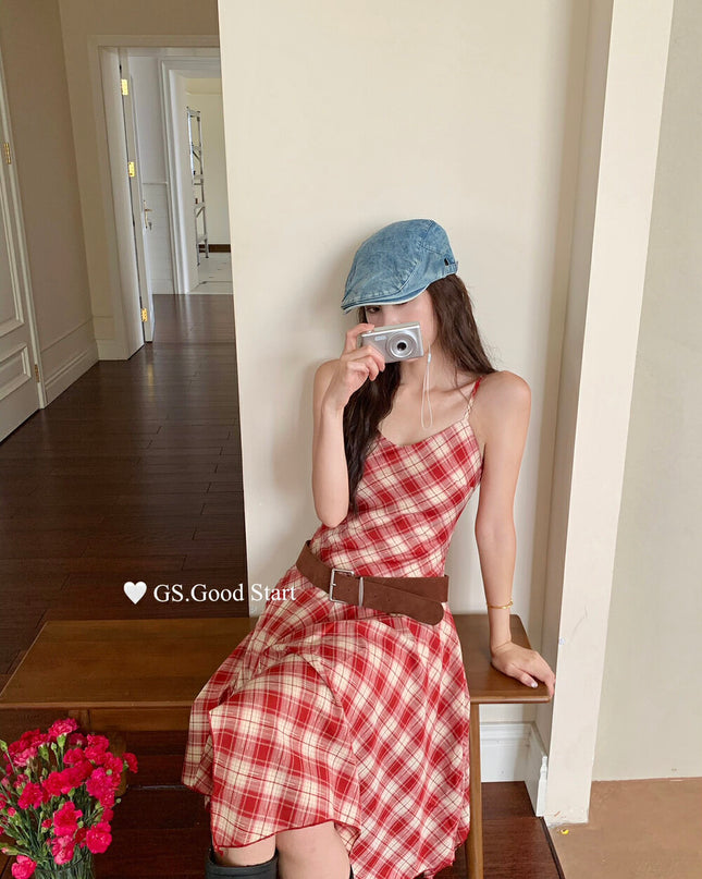 GS.GOOD START Asymmetric Plaid Cami Dress (No Belt)