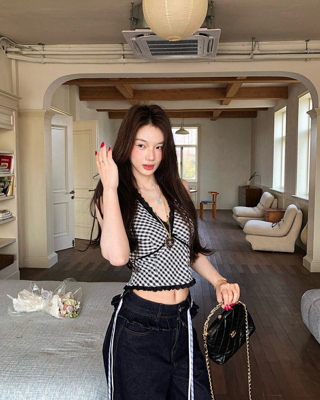WGWE Halter Plaid Lace Patchwork Crop Top