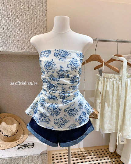 AS OFFICIAL Ruched Floral Strapless Vacation Top