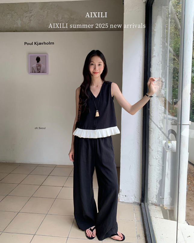 AIXILI Lace Trim Button-Front Vest & Wide-Leg Pants Set