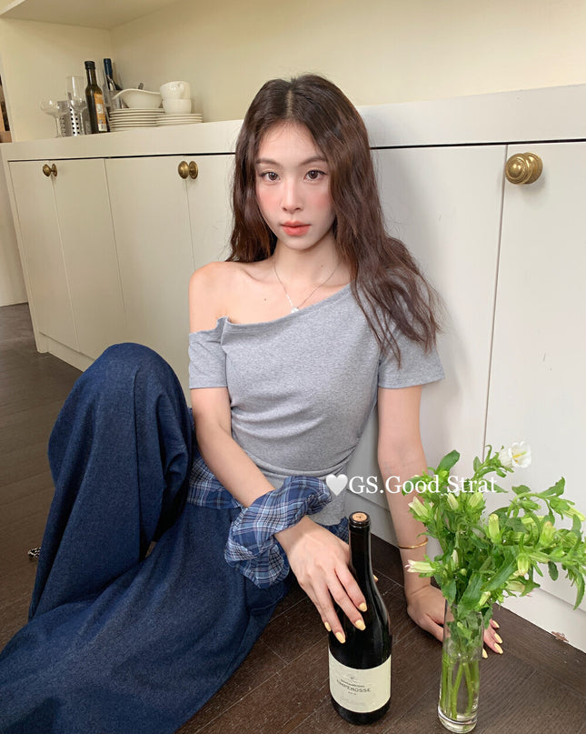 GS.GOOD START Asymmetrical Plaid Patchwork Top with Detachable Hair Tie
