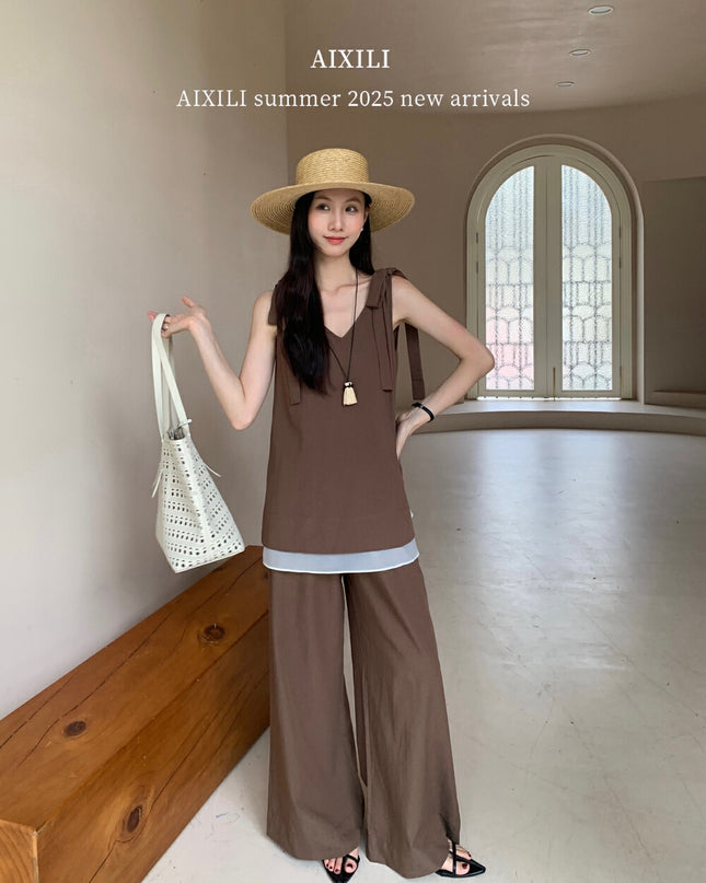 AIXILI Sleeveless Tie Top with Chiffon Hem & Wide-Leg Pants Set