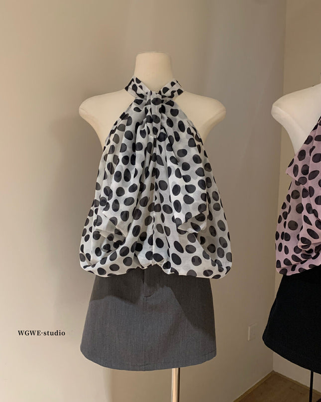 WGWE Polka Dot Cut-Out Halter Sleeveless Fitted Top