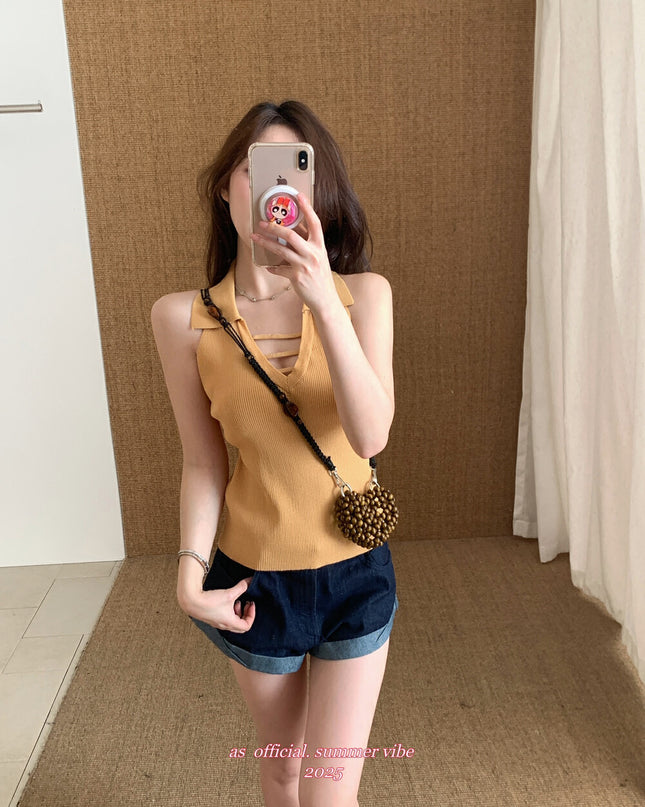 AS OFFICIAL Knit Collared Halter Tank Top