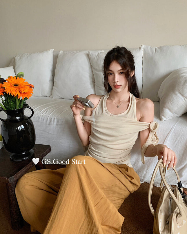 GS.GOOD START Off Shoulder Layered Tie-Strap Top