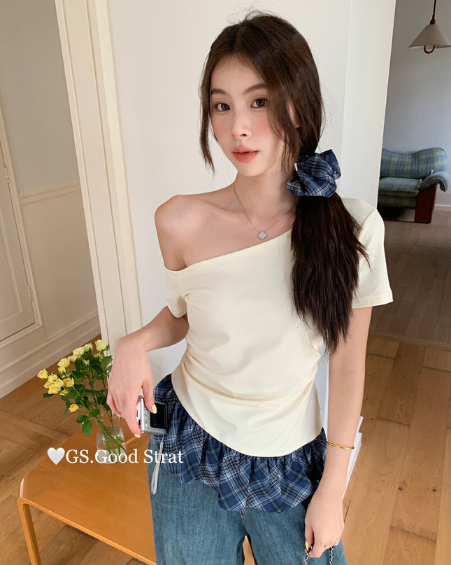 GS.GOOD START Asymmetrical Plaid Patchwork Top with Detachable Hair Tie