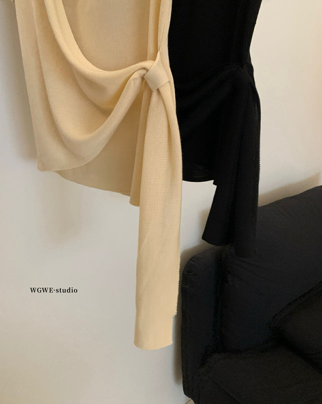 WGWE Korean Style V-Neck Cross Tie Short Sleeve Knit Top