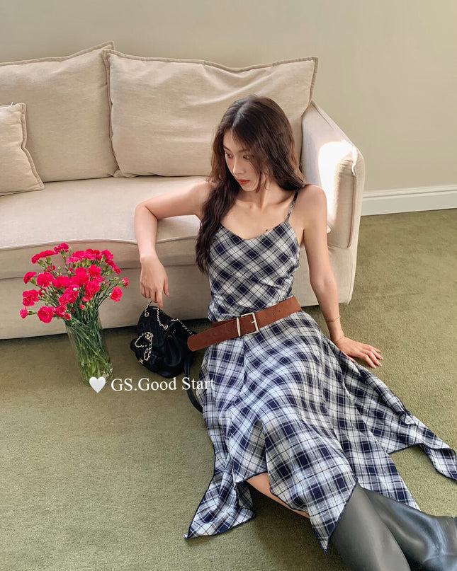 GS.GOOD START Asymmetric Plaid Cami Dress (No Belt)