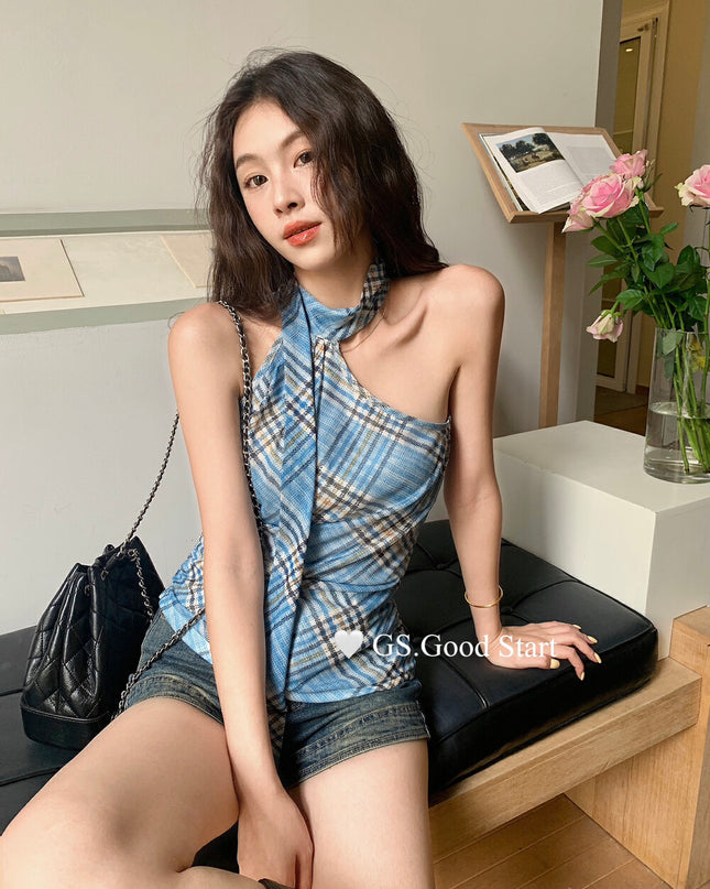GS.GOOD START Off Shoulder Plaid Tank Top with Sweet Chic Vibes
