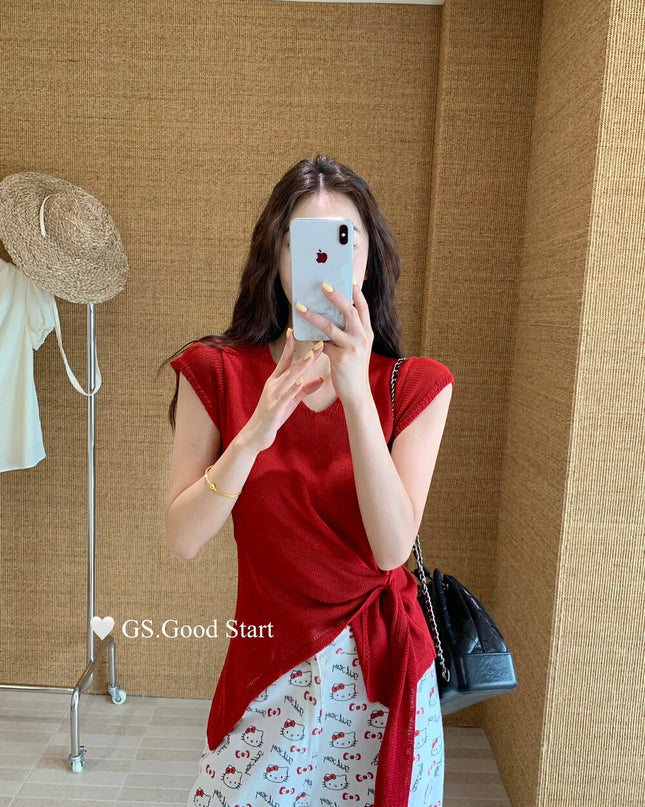 GS.GOOD START V Neck Slim Fit Knitted Short Sleeve Top