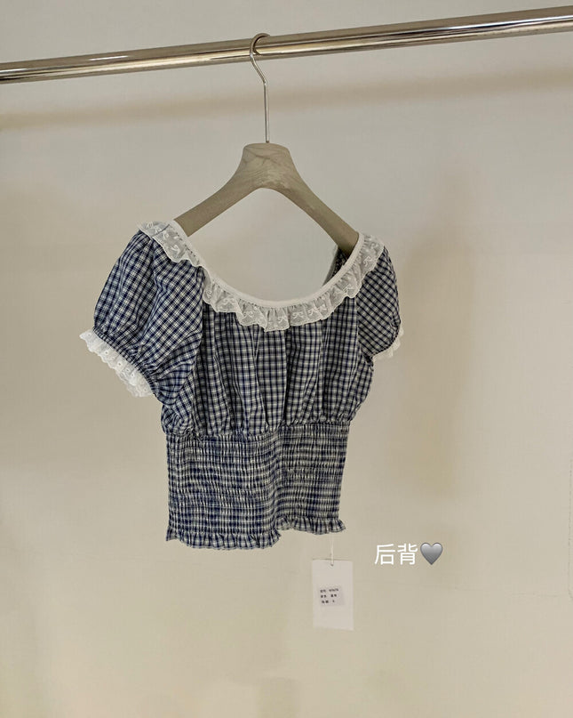 WGWE Lace-Trimmed French Style Checkered Top