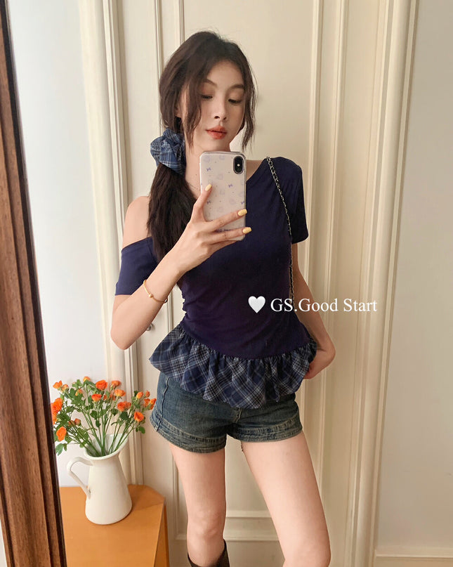 GS.GOOD START Asymmetrical Plaid Patchwork Top with Detachable Hair Tie