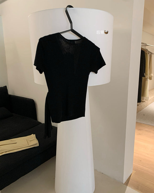 WGWE Korean Style V-Neck Cross Tie Short Sleeve Knit Top