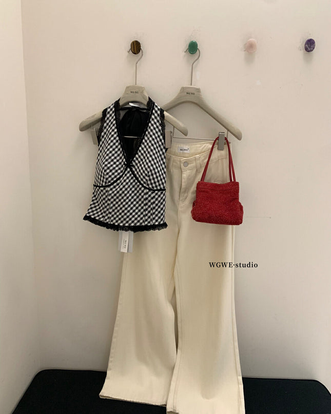 WGWE Halter Plaid Lace Patchwork Crop Top